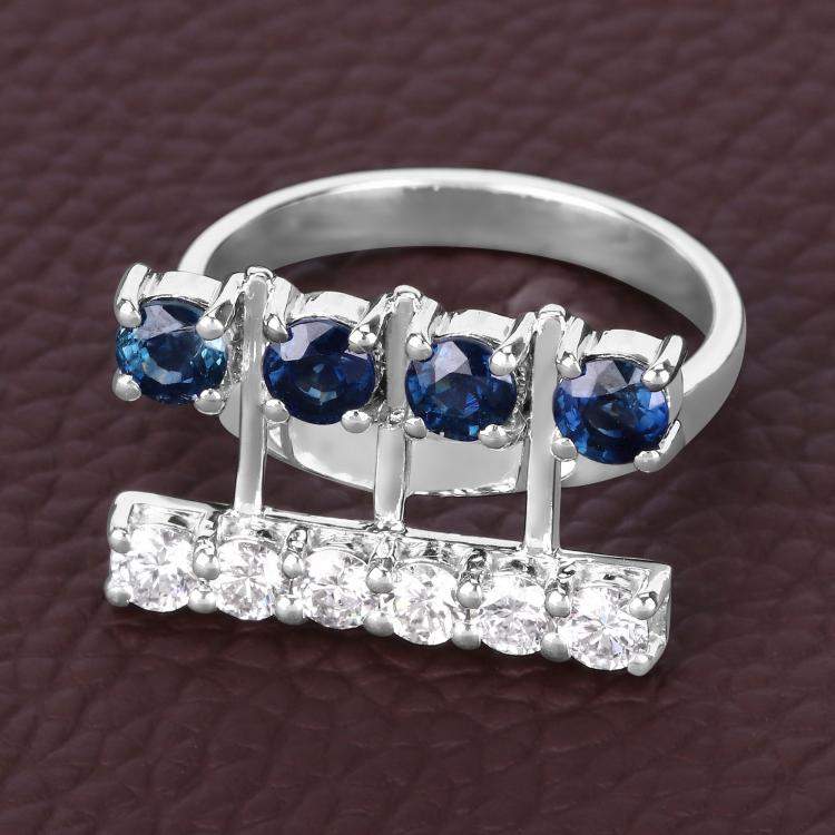 Pre Owned 1.34 cts Blue Sapphire and Diamond 14K White Gold Bar Ring US Size 7