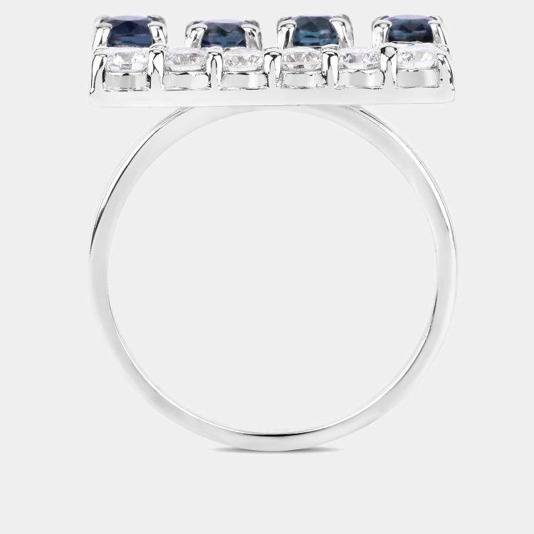 Pre Owned 1.34 cts Blue Sapphire and Diamond 14K White Gold Bar Ring US Size 7