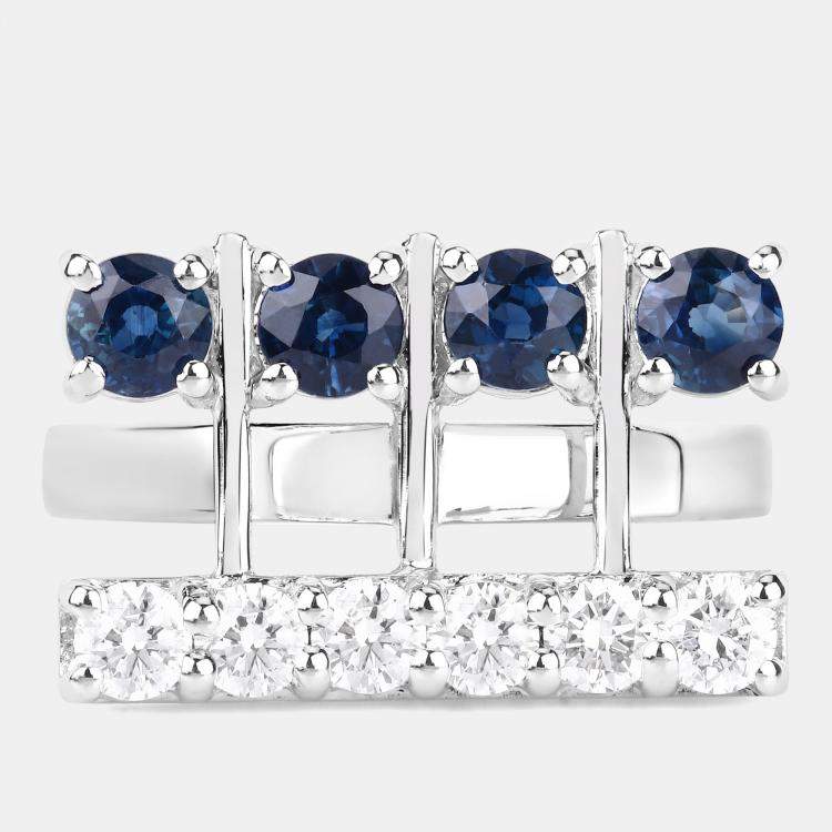 Pre Owned 1.34 cts Blue Sapphire and Diamond 14K White Gold Bar Ring US Size 7