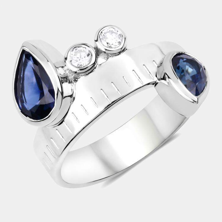 Pre Owned 1.63 cts Blue Sapphire and Diamond 14K White Gold Bypass Ring US Size 7