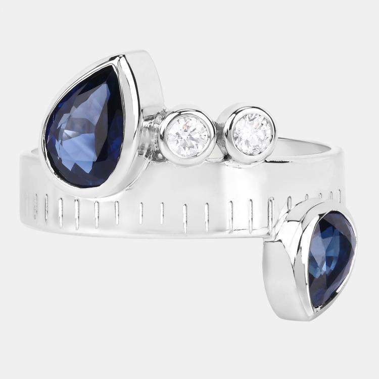 Pre Owned 1.63 cts Blue Sapphire and Diamond 14K White Gold Bypass Ring US Size 7