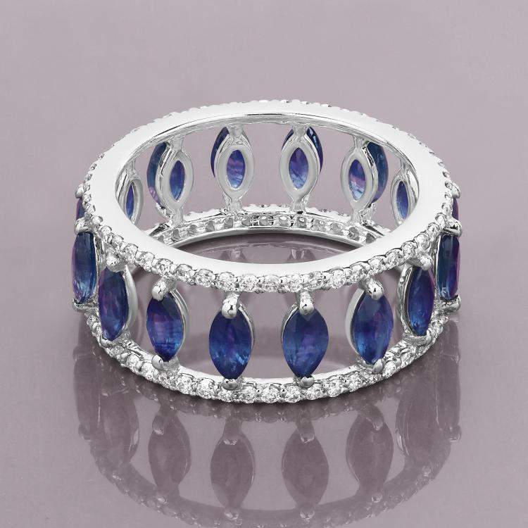 Pre Owned 2.89 cts Blue Sapphire and Diamond 14K White Gold Eternity Band Ring US Size 7