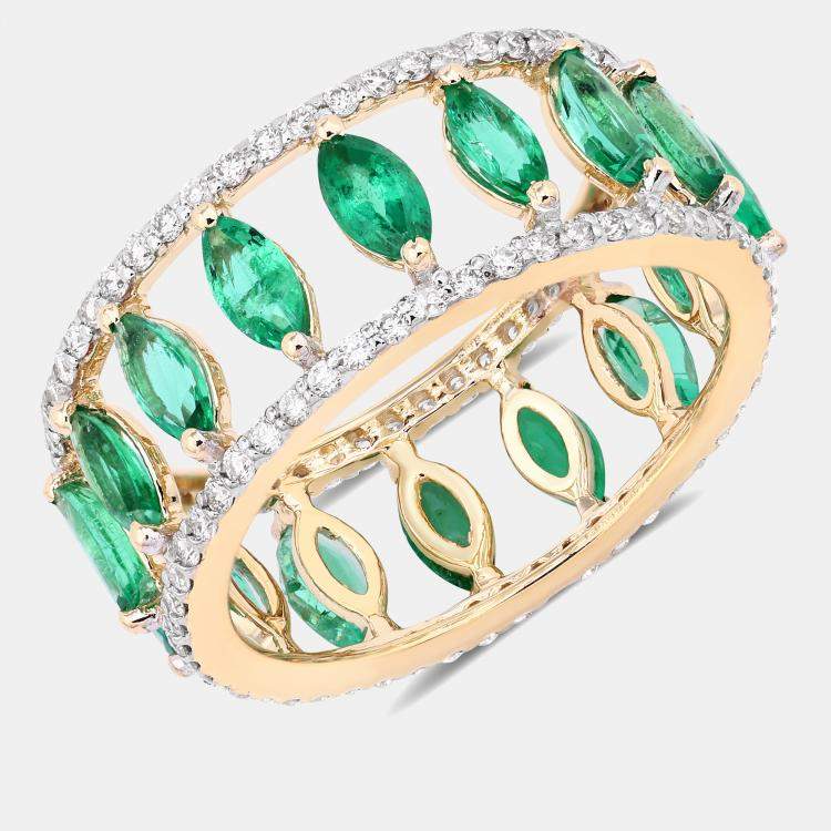 Pre Owned 2.15 cts Emerald and Diamond 14K Yellow Gold Eternity Band Ring US Size 7