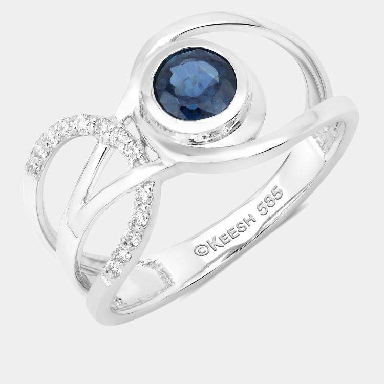 مملوكة مسبقًا 0.68 cts Blue Sapphire and Diamond 14K White Gold Crossover Ring US Size 7