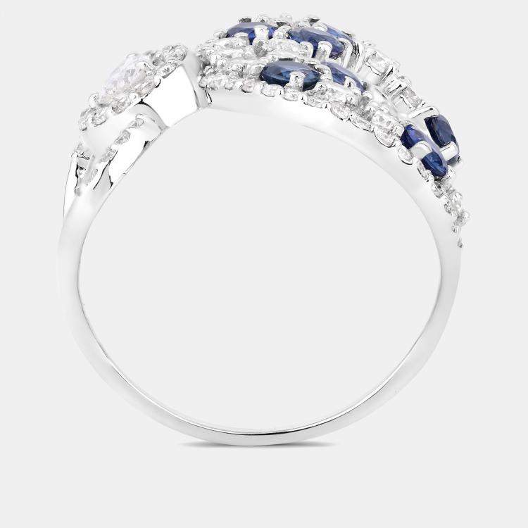 Pre Owned 0.87 cts Blue Sapphire and Diamond 14K White Gold Infinity Ring US Size 7