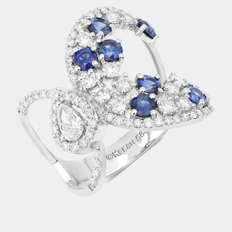 Pre Owned 0.87 cts Blue Sapphire and Diamond 14K White Gold Infinity Ring US Size 7