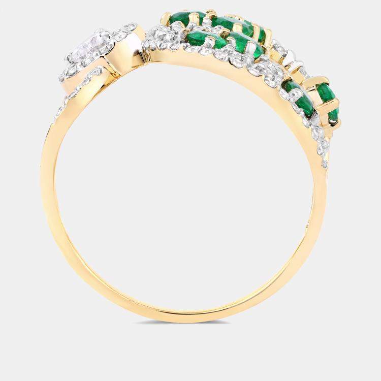 Pre Owned 0.74 cts Emerald and Diamond 14K Yellow Gold Infinity Ring US Size 7