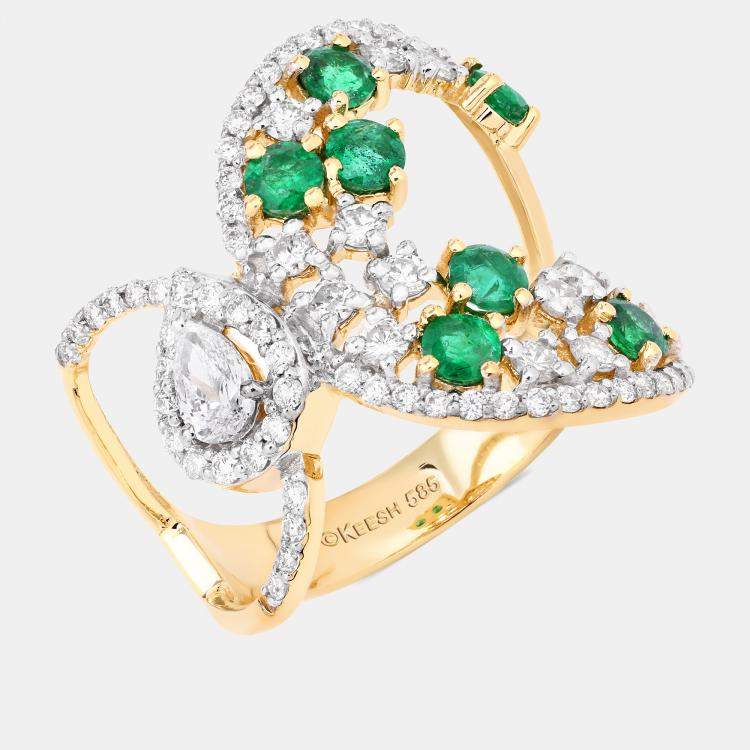 Pre Owned 0.74 cts Emerald and Diamond 14K Yellow Gold Infinity Ring US Size 7
