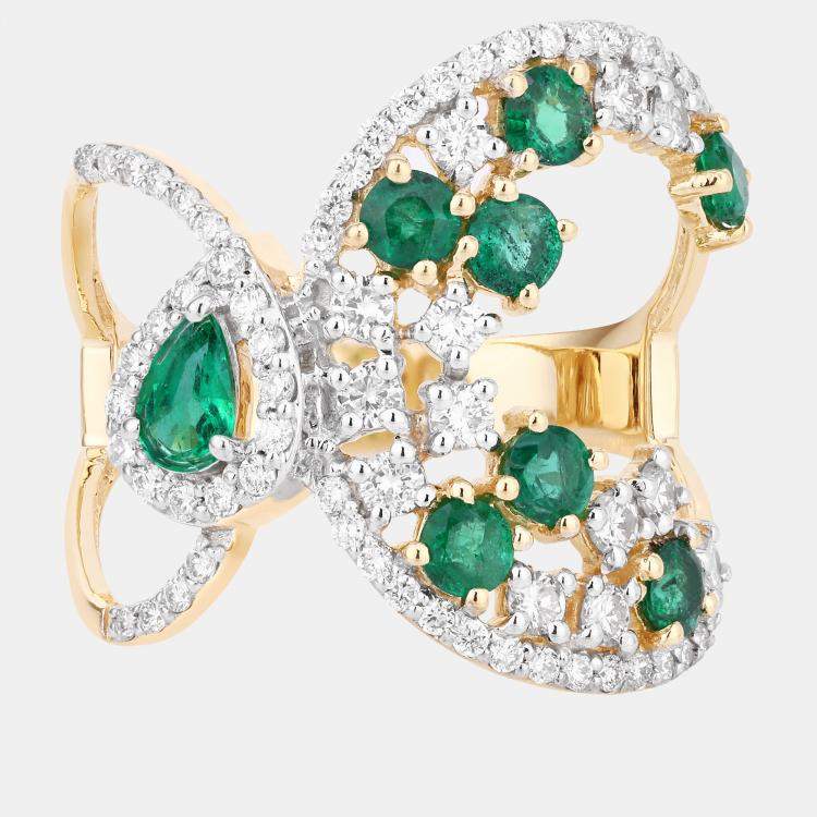 Pre Owned 0.74 cts Emerald and Diamond 14K Yellow Gold Infinity Ring US Size 7