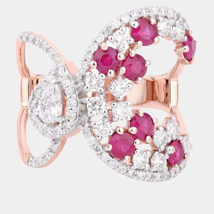 Pre Owned 0.89 cts Ruby and Diamond 14K Rose Gold Infinity Ring US Size 7