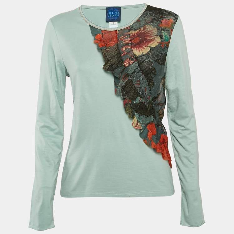 Pre Owned Kenzo Jeans Blue Mesh Trim Jersey Long Sleeve T-Shirt L