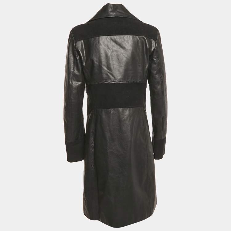 Pre Owned Kenzo Jeans Black Leather and Cotton Trim Coat M