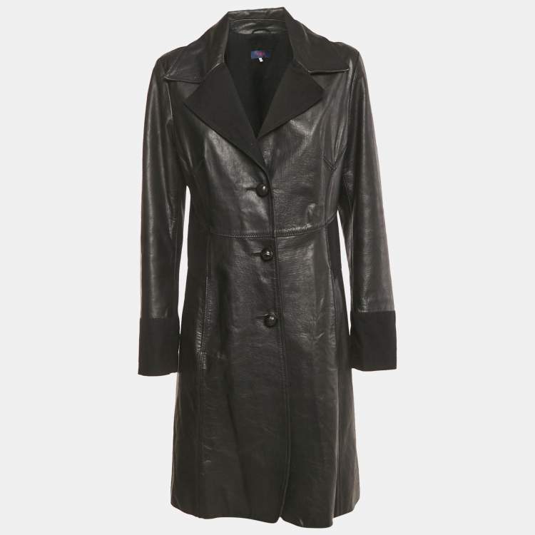 Pre Owned Kenzo Jeans Black Leather and Cotton Trim Coat M