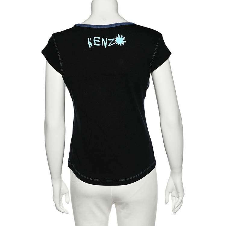 Pre Owned Kenzo Jeans Midnight Blue Embroidered Cotton Knit Scoop Neck T-Shirt XL