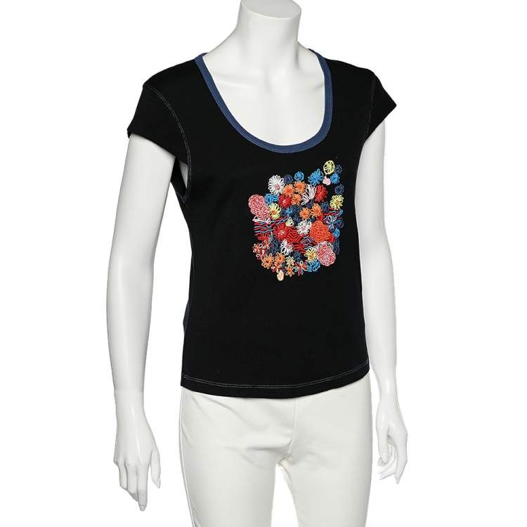 Pre Owned Kenzo Jeans Midnight Blue Embroidered Cotton Knit Scoop Neck T-Shirt XL