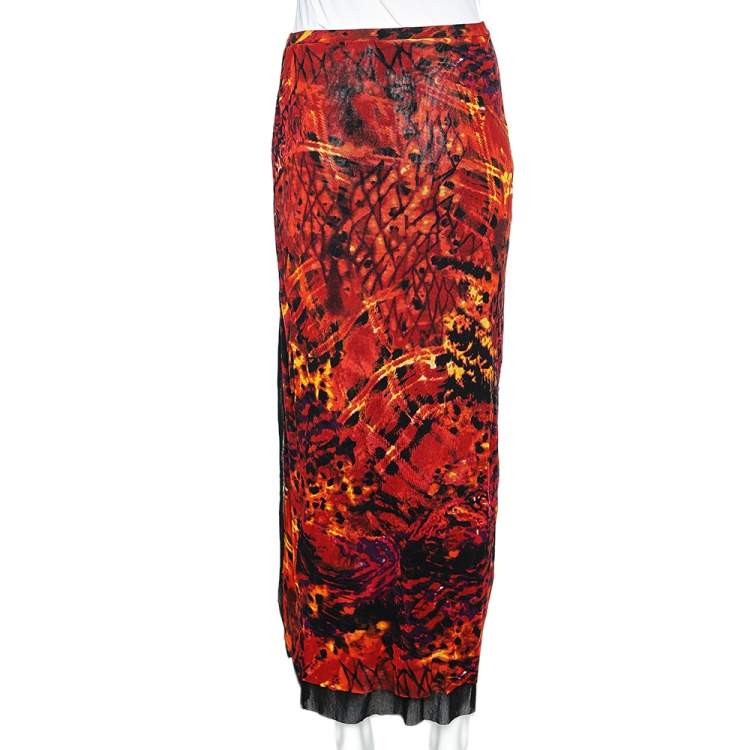 Pre Owned Kenzo Jeans Orange Printed Jersey Skirt L