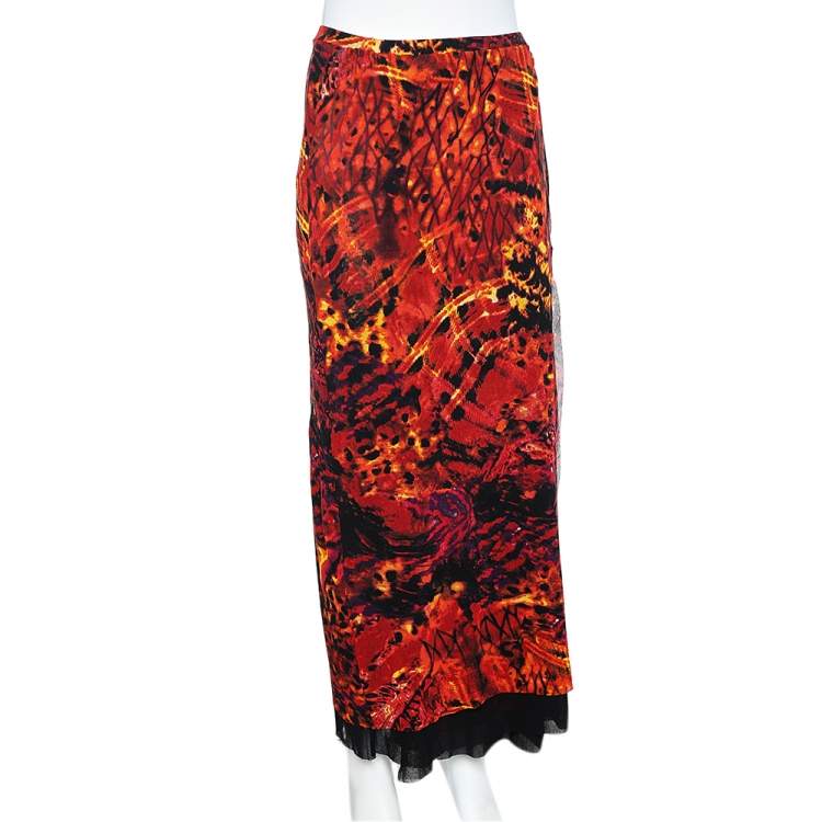 Pre Owned Kenzo Jeans Orange Printed Jersey Skirt L