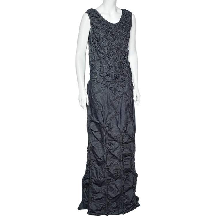 Pre Owned Kenzo Jeans Navy Blue Textured Lightweight Denim Maxi Dress M