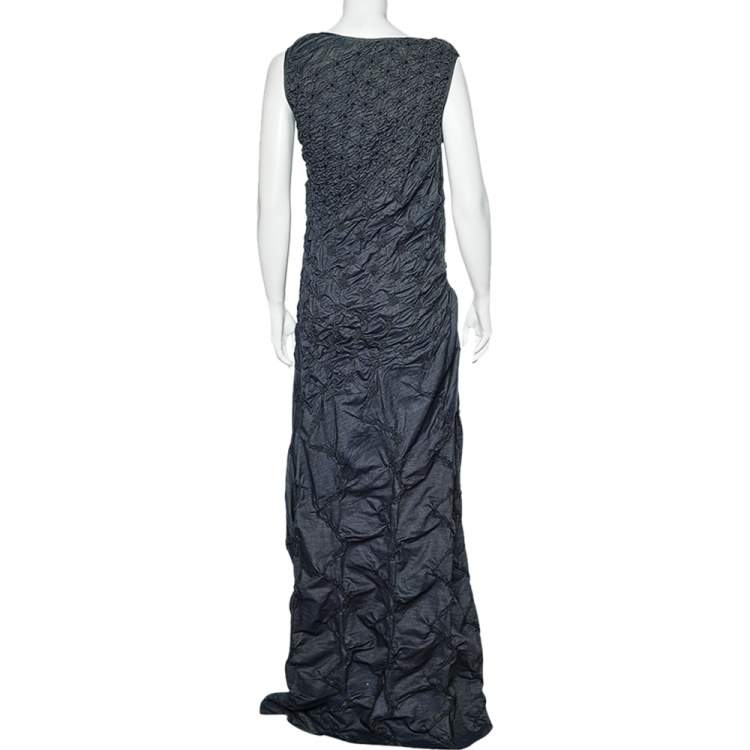 Pre Owned Kenzo Jeans Navy Blue Textured Lightweight Denim Maxi Dress M