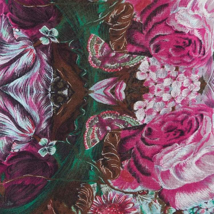 Pre Owned Kenzo Jeans Pink Floral Print Knit Ruffled Neck Top XL
