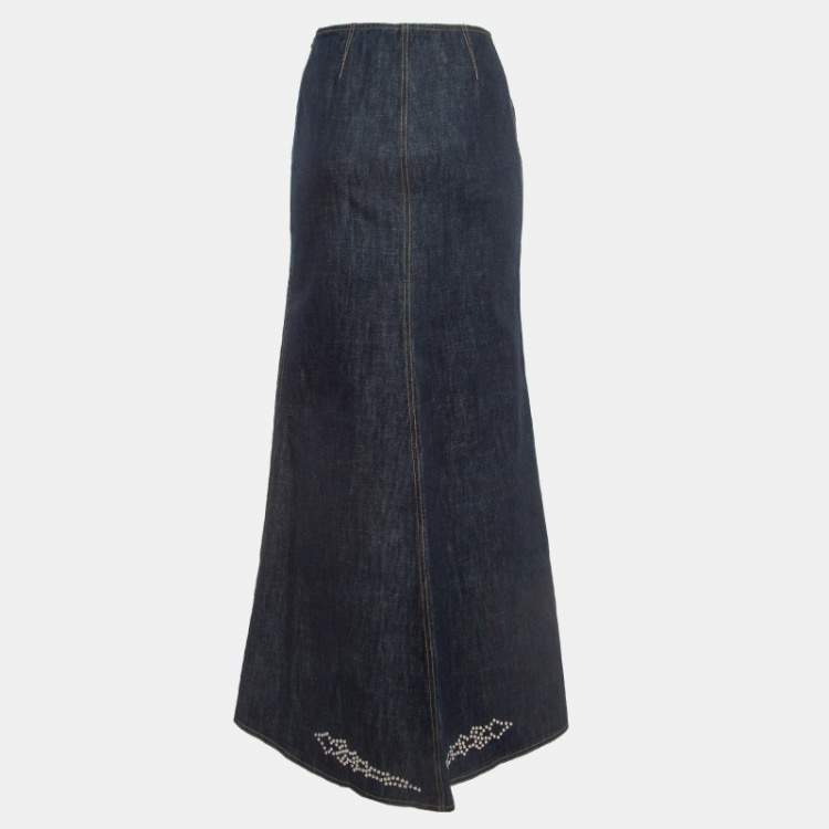 Pre Owned Kenzo Jeans Navy Blue Studded Denim Flared Maxi Skirt S