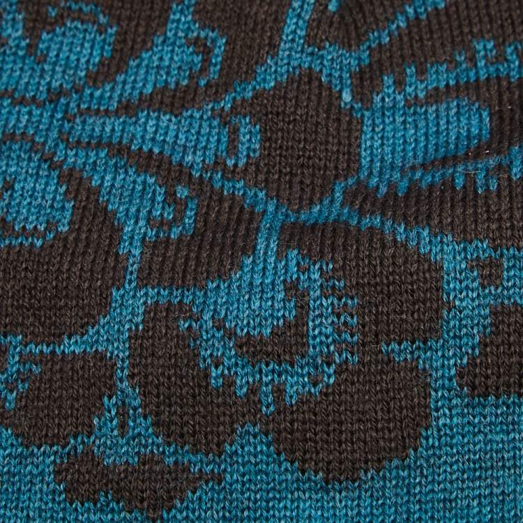 Pre Owned Kenzo Teal Floral Jacquard Wool Beanie