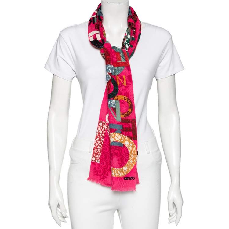 Pre Owned Kenzo Pink Logo Print Wool Blend Scarf