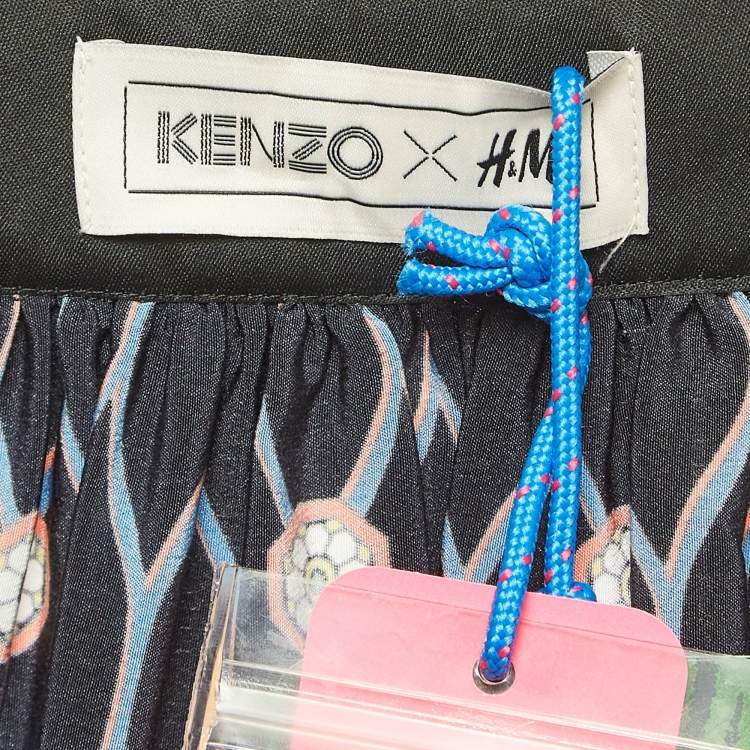 Pre Owned Kenzo X H&M Black Printed Silk Pleated Mini Skirt S