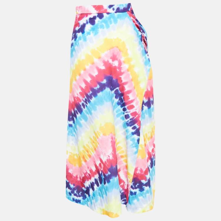 Pre Owned Kenzo Multicolor Tie-Dye Print Satin Belted Midi Skirt M