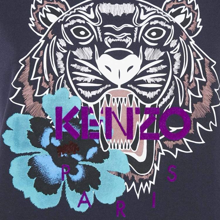 Pre Owned Kenzo Blue Logo Tiger Print Crew Neck T-Shirt M