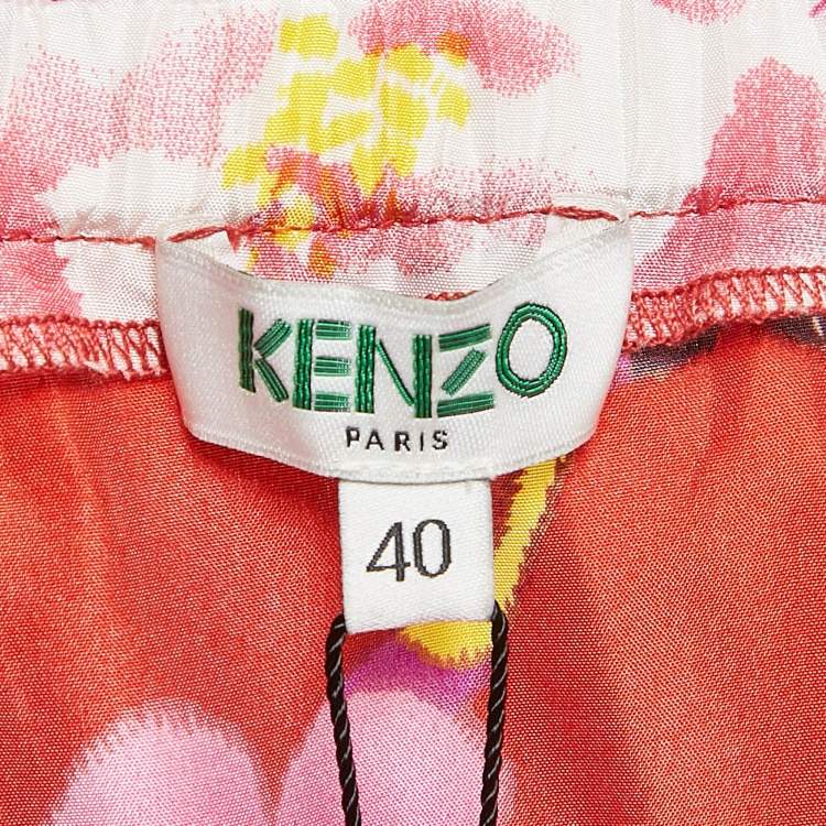 Pre Owned Kenzo Red Floral Print Silk High-Low Midi Skirt M