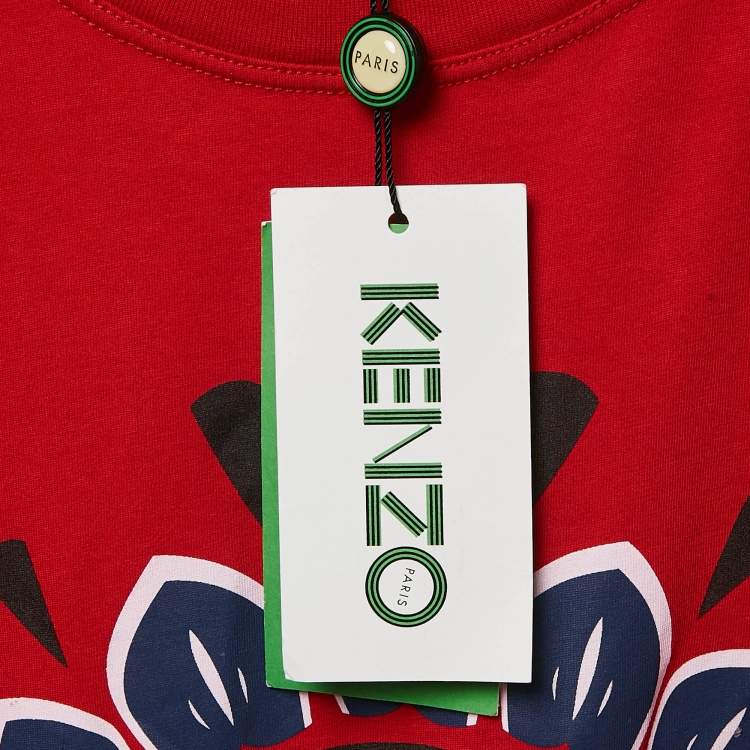 Pre Owned Kenzo Red Logo Tiger Print Crew Neck T-Shirt L