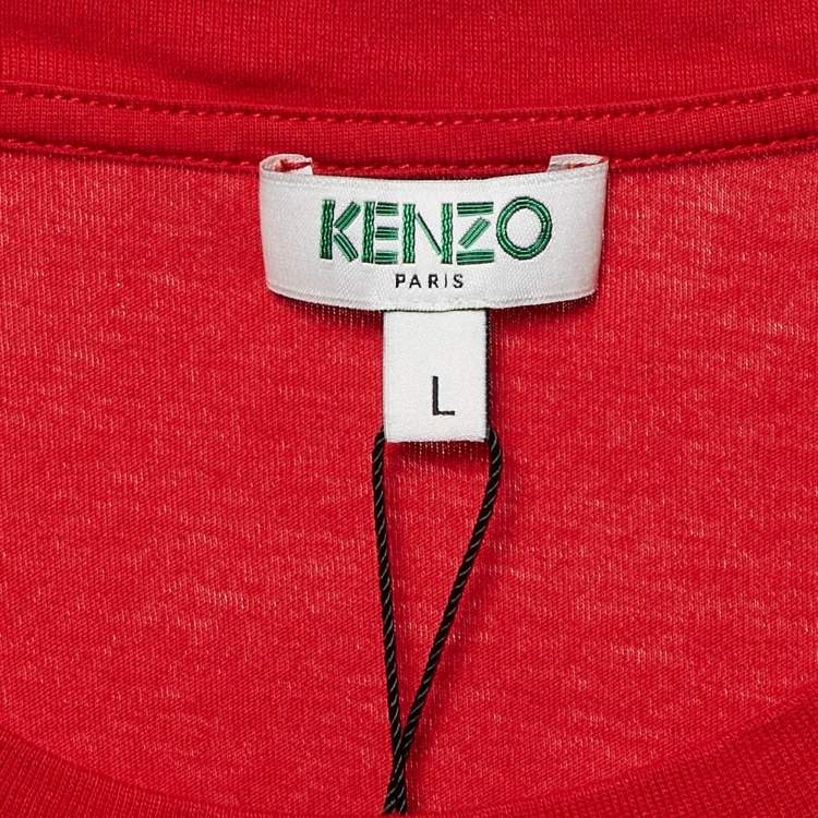 Pre Owned Kenzo Red Logo Tiger Print Crew Neck T-Shirt L