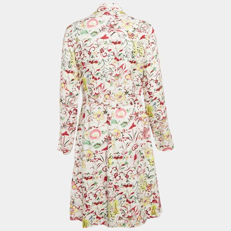 Pre Owned Kenzo White Printed Viscose Button Front Belted Dress S