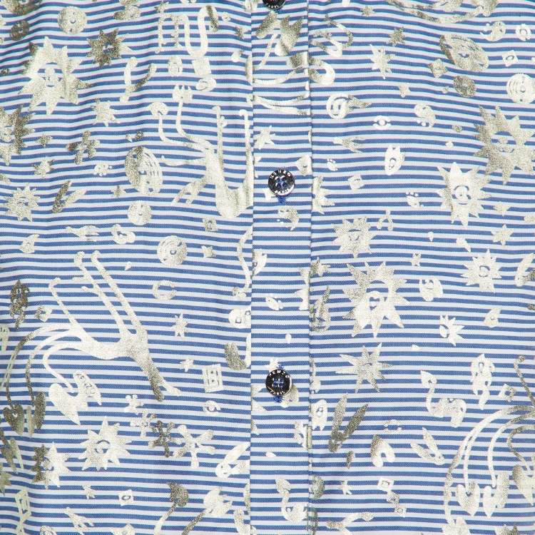Pre Owned Kenzo Blue/White Metallic Print Cotton Short Sleeve Shirt S