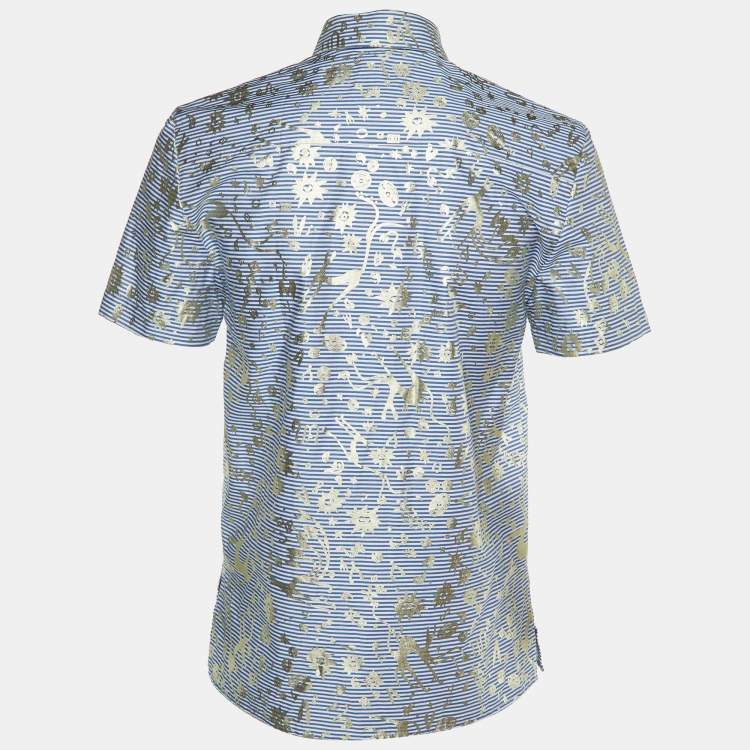 Pre Owned Kenzo Blue/White Metallic Print Cotton Short Sleeve Shirt S