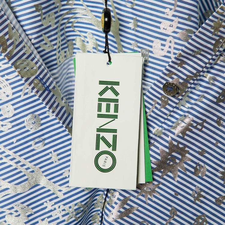 Pre Owned Kenzo Blue/White Metallic Print Cotton Short Sleeve Shirt S