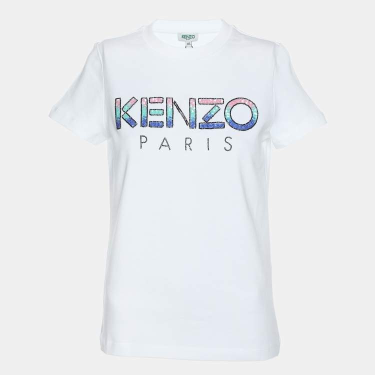 Pre Owned Kenzo White Jersey Sequin Logo T-Shirt XS