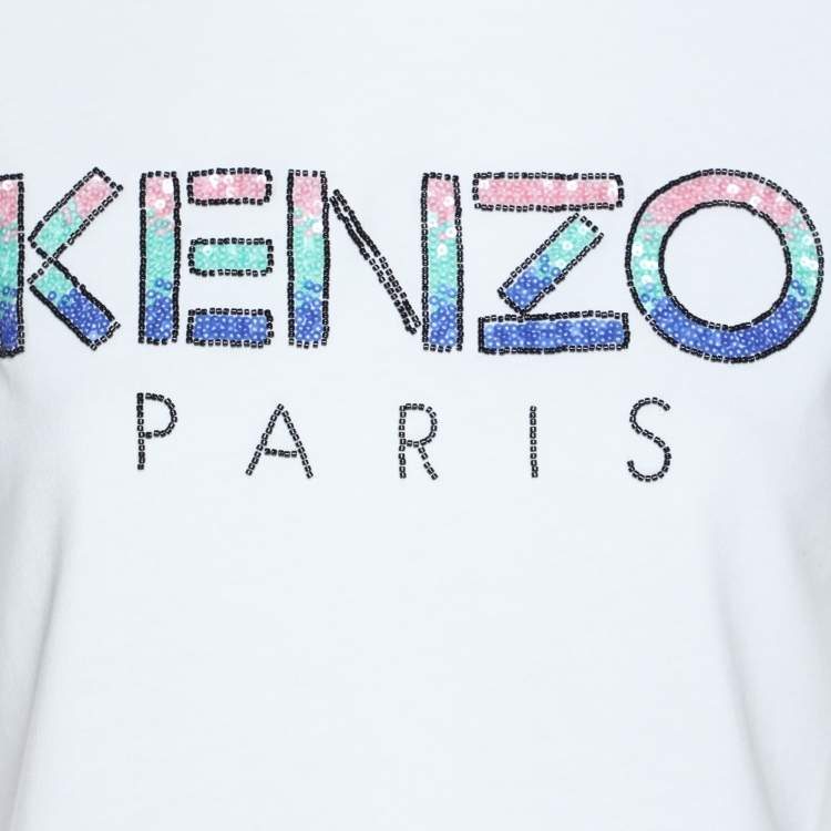 Pre Owned Kenzo White Jersey Sequin Logo T-Shirt XS