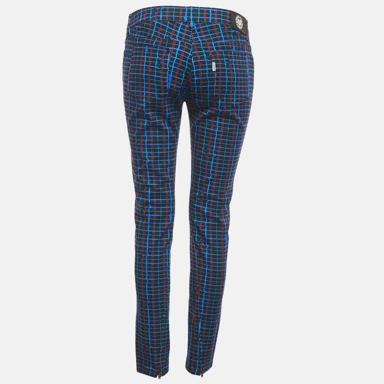 مملوكة مسبقًا Kenzo Blue Irregular Check Denim Skinny Jeans S Waist 29"