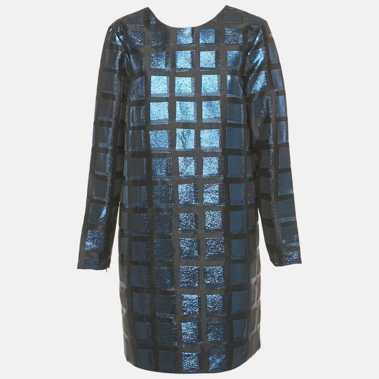 مملوكة مسبقًا Kenzo Blue Square Lurex V-Neck Shift Dress L