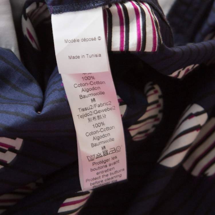 Pre Owned Kenzo Navy Blue Dot and Stripe Printed Cotton Belted Shirt Dress M