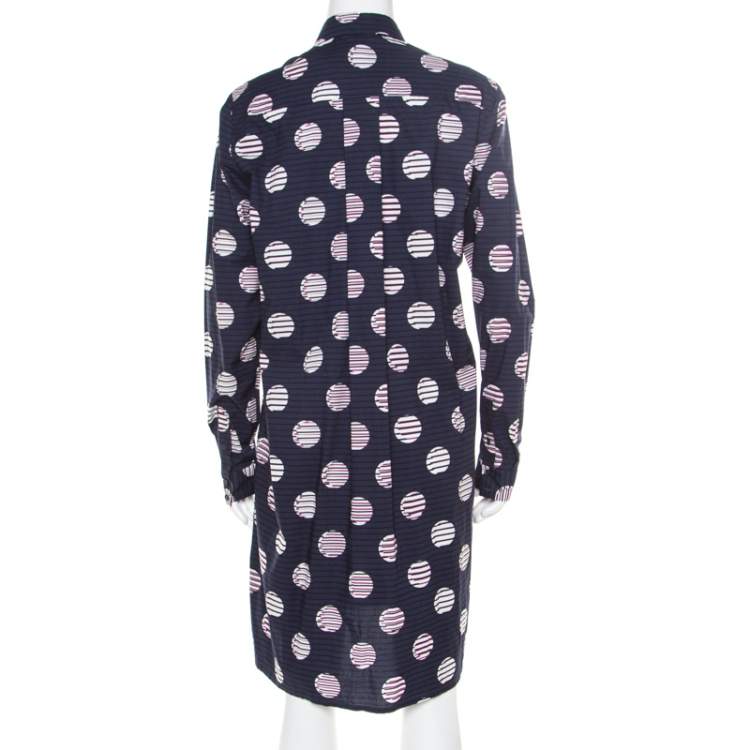 Pre Owned Kenzo Navy Blue Dot and Stripe Printed Cotton Belted Shirt Dress M