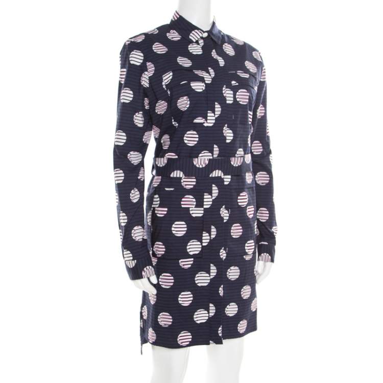 Pre Owned Kenzo Navy Blue Dot and Stripe Printed Cotton Belted Shirt Dress M