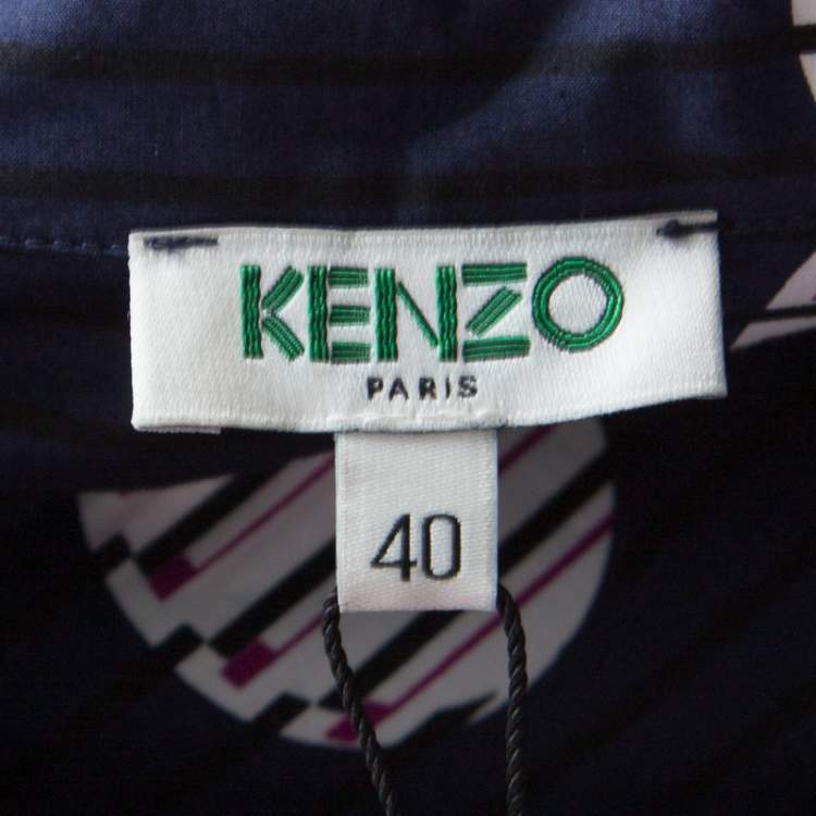 Pre Owned Kenzo Navy Blue Dot and Stripe Printed Cotton Belted Shirt Dress M
