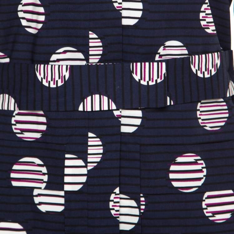 Pre Owned Kenzo Navy Blue Dot and Stripe Printed Cotton Belted Shirt Dress M