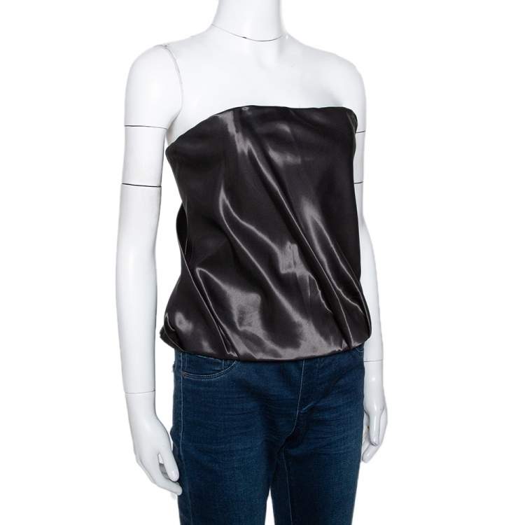 Pre Owned Kenzo Black Cotton Silk Blend Gathered Strapless Top M