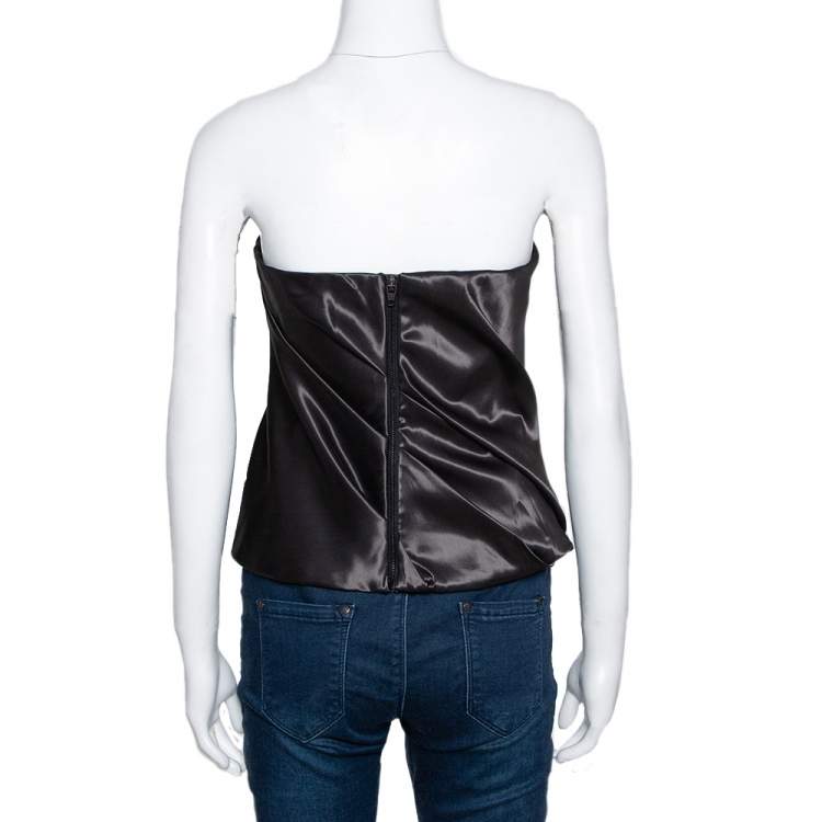 Pre Owned Kenzo Black Cotton Silk Blend Gathered Strapless Top M