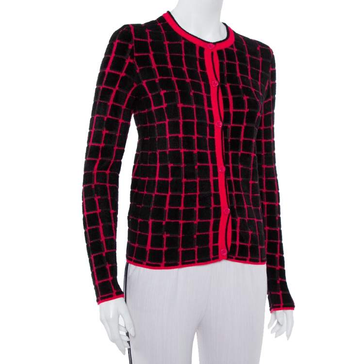 Pre Owned Kenzo Pink & Black Velour Knit Button Front Cardigan S
