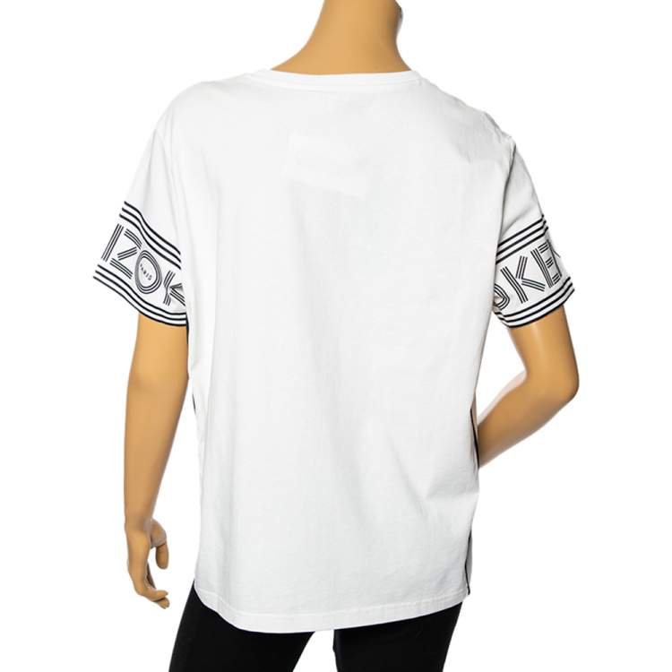 Pre Owned Kenzo White Cotton Knit Logo Print Sleeve T-Shirt XL